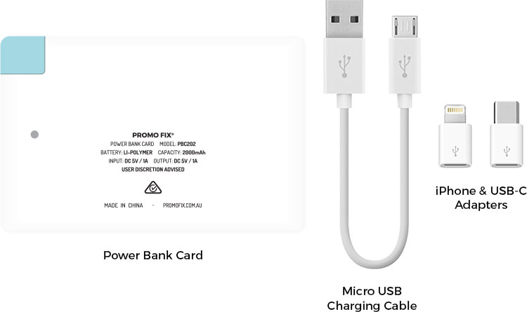 Power Bank, Micro USB Charging Cable, iPhone & USB-C Adapters